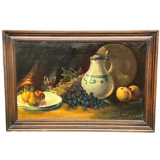 Gesigneerd Stilleven Met Fruit In Een Massief Eikenhouten Lijst. 1