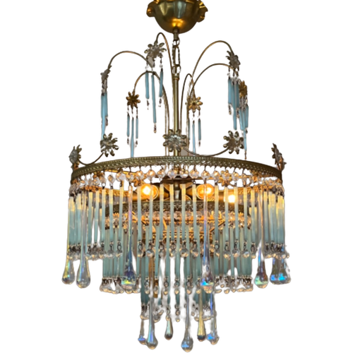 Murano Vintage Blauwe Kroonluchter Opaline Staafjes Hanglamp