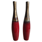 Retro Slanke Aardewerk Bloemen Vaas Rood Goud thumbnail 1