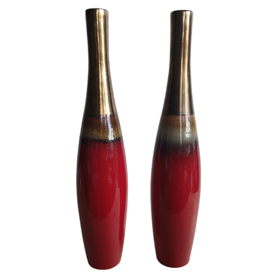 Retro Slanke Aardewerk Bloemen Vaas Rood Goud 1