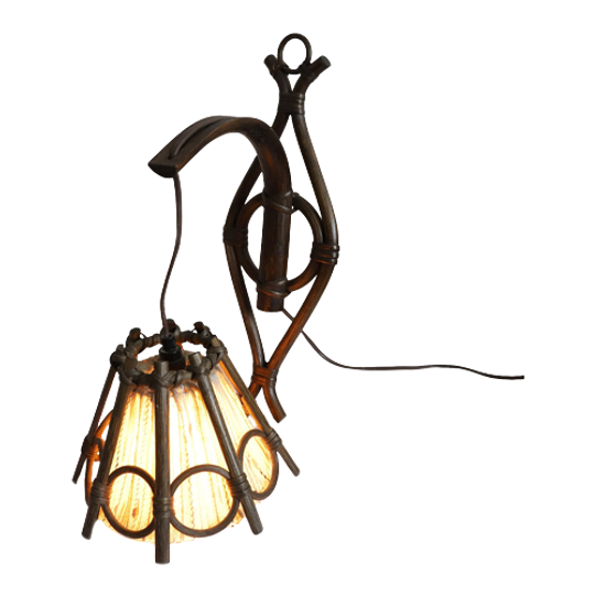 Vintage Rotan/bamboe Wandlamp Met Beige Stoffen Kap, Jaren '60/'70 1