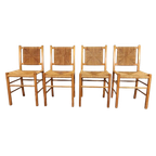 Set Van 4 Vintage Hout En Riet Eetkamerstoelen thumbnail 1