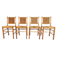 Set Van 4 Vintage Hout En Riet Eetkamerstoelen