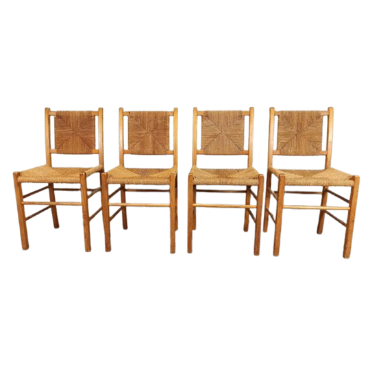 Set Van 4 Vintage Hout En Riet Eetkamerstoelen 1