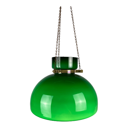 Large Dark Green Opaline Glass Pendant Light By Herbert Proft For Glashütte Limburg
