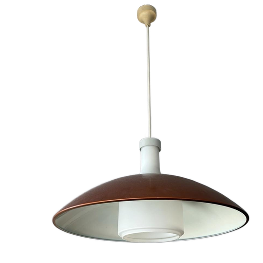 Vintage Roest Oranje Metalen Hanglamp / Luster Met Opaline 1