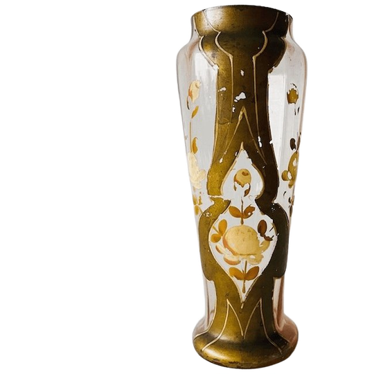 Antieke Victoriaanse Art Nouveau Vergulde Gouden Handbeschilderde Glazen Vaas 1900’s 1