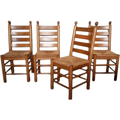 4 Vintage Eiken En Riet Stoelen, Charles Dudouyt Stijl