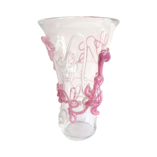 Grote Vaas Met Roze En Witte Glas Draden Leerdam Glas, Leerdam 2004 1