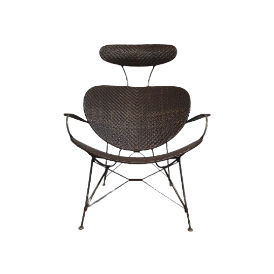 Brown Rattan And Metal Lounge Chair By Yuzuru Yamakawa, 1980s 1