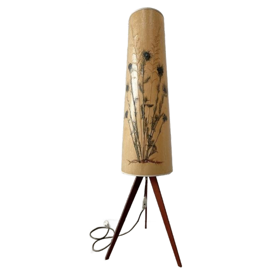 Vintage Vloerlamp - Teak Driepoot Voet - Droogbloemen Uniek 1