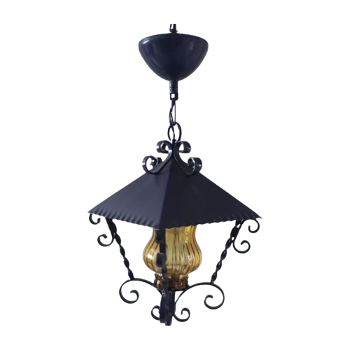 Vintage Hanglamp Metaal Paars Glas Geel