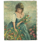 Vintage Schilderij Vrouw Bloemenpluk Acrylverf Op Doek Gesigneerd thumbnail 1