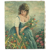 Vintage Schilderij Vrouw Bloemenpluk Acrylverf Op Doek Gesigneerd