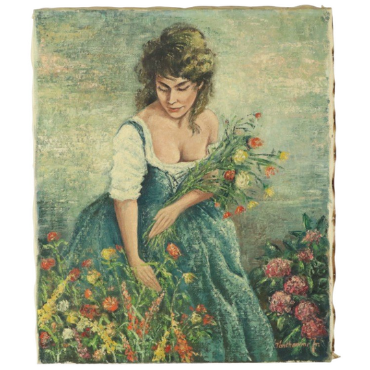 Vintage Schilderij Vrouw Bloemenpluk Acrylverf Op Doek Gesigneerd 1