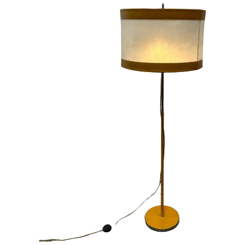 Midcentury Vloerlamp Van Leer En Chroom - Geel Uniek!