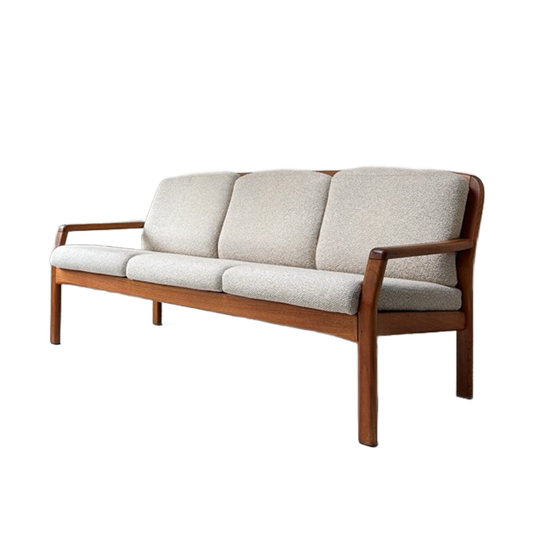 Vintage Houten dyrlund Bank Met Beige Kussens 1