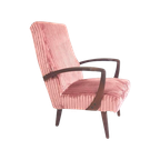 Vintage Teakhouten Fauteuil Roze Rib Nieuw Gestoffeerd thumbnail 1