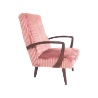 Vintage Teakhouten Fauteuil Roze Rib Nieuw Gestoffeerd