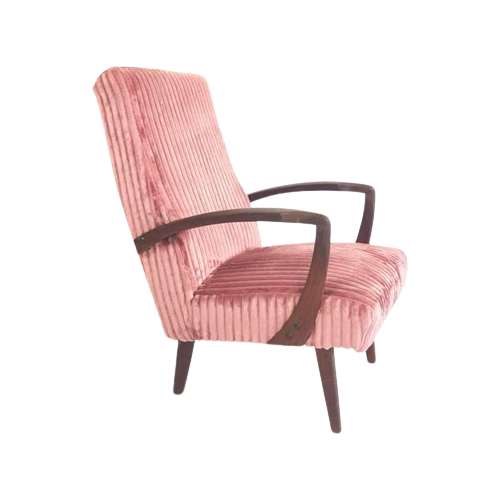 Vintage Teakhouten Fauteuil Roze Rib Nieuw Gestoffeerd