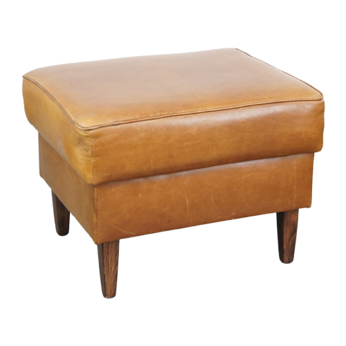 Grote Cognac Kleurige Rundleren Hocker In Engelse Stijl