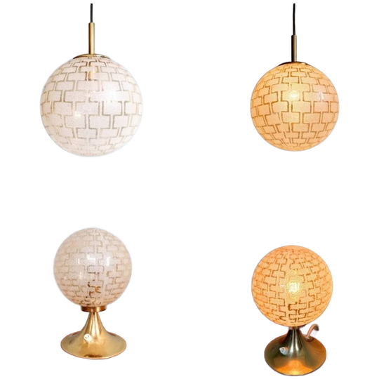 Duo Of Space Age-lampen In Messing En Getextureerd Glas, 197 1