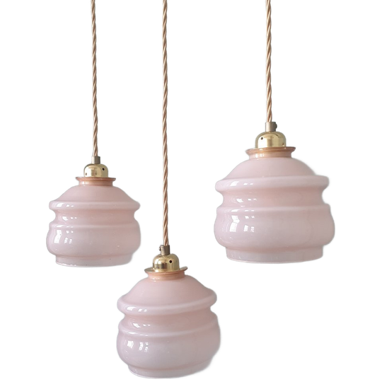 Set Van 3 Vintage Franse Hanglampen - Rose Pastel Opaline Glas In Art Deco Stijl 1