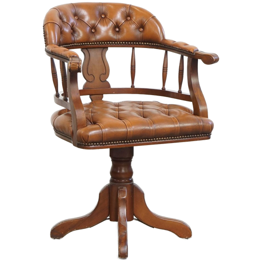Klassieke Rundleren En Houten Chesterfield Bureaustoel In Engelse Stijl, Afgewerkt Met Siernagels 1
