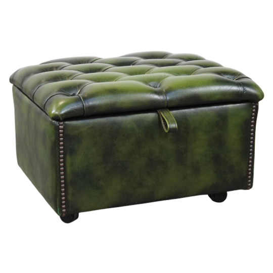 Groene Rundleren Chesterfield Hocker/ Opberg Poef Met Wieltjes 1