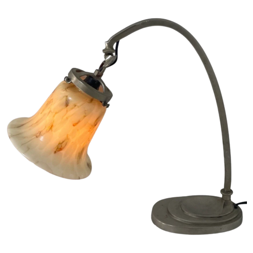 Art Deco - Desk Lamp With Marbled Glass - Period Piece - Adjustable Shade