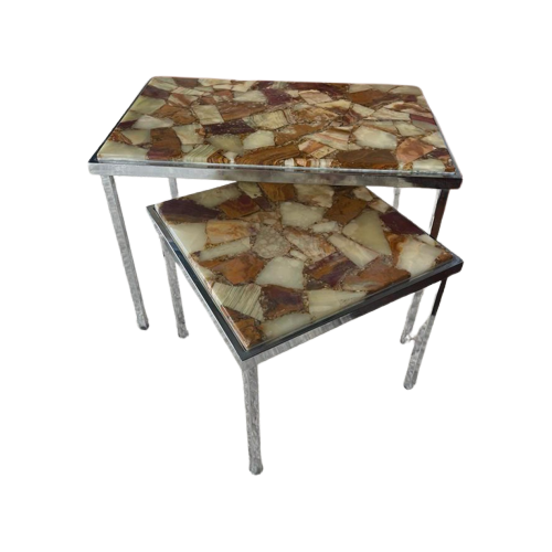 Vintage Onyx & Epoxy Marmer Mimiset Bijzettafels/Side Tables