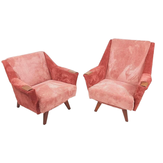 2 Vintage Fauteuils Set Roze Nieuw Gestoffeerd Rib Fauteuil 1