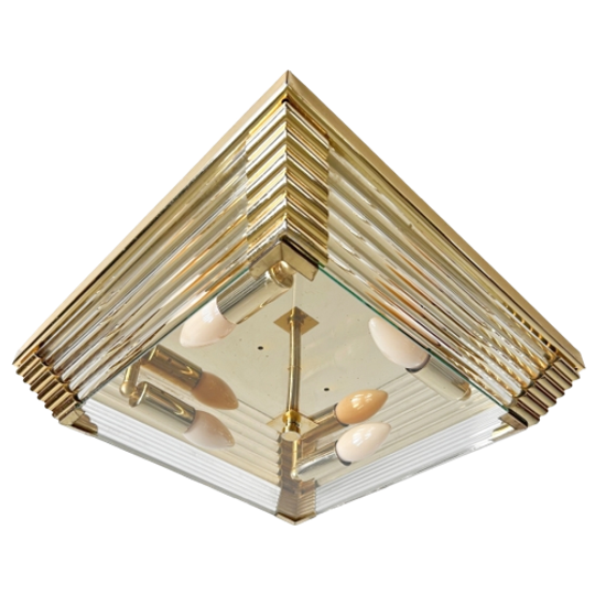 Mid-century Vierkante Kroonluchter Glas Messing Hollywood Regency 1970’s 1