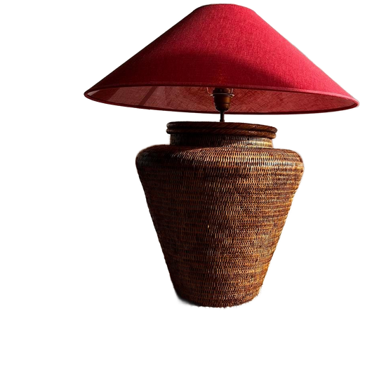 Birma Rieten Rotan Tafellamp Raspberry Kap Vintage 1