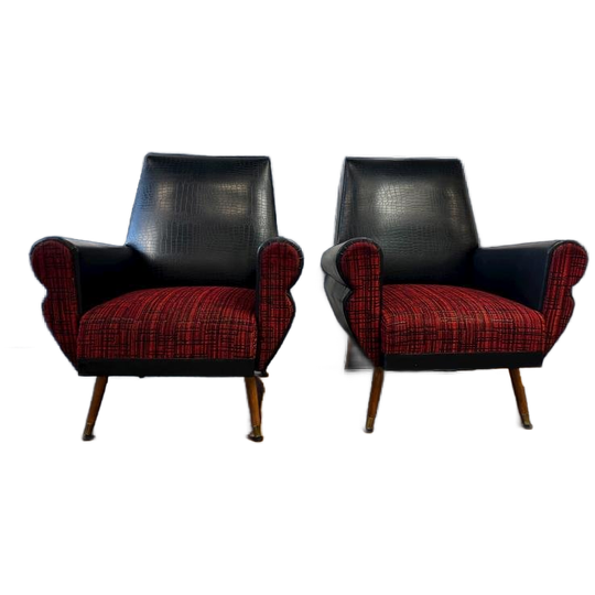 Set Van 2 Vintage Zwart Rode Fauteuils / Zetels / Eenzitten 1