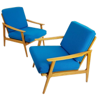2 Blauwe Fauteuils | Wollen Ploegstof Blauw Vintage