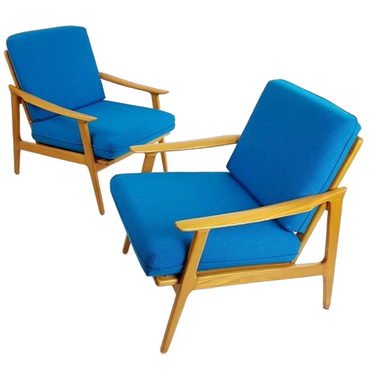 2 Blauwe Fauteuils | Wollen Ploegstof Blauw Vintage 1