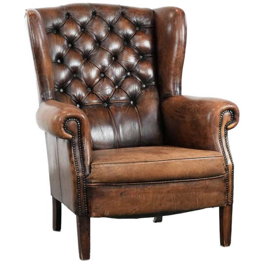 Unieke Grote Schapenleren Chesterfield Oorfauteuil In Engelse Stijl Met Prachtige Details En Warme Kleuren 1