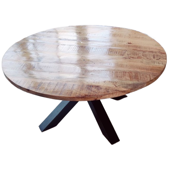 Ronde Eettafel Van Mangohout Met Zwart Stalen Kruispoot – Ø150 Cm 1
