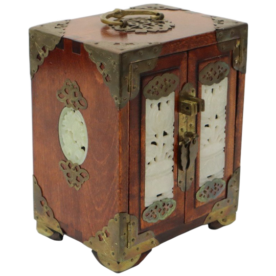 Chinese Juwelenkist Met Lades Sierraden Doos Jade Palissander Messing 1