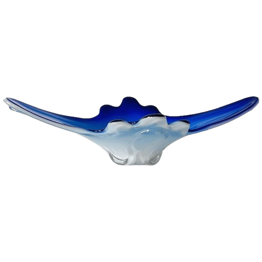 Vintage Xl Murano Glas Schaal Blauw Wit Helder Glas Mid-century 1970’s 1