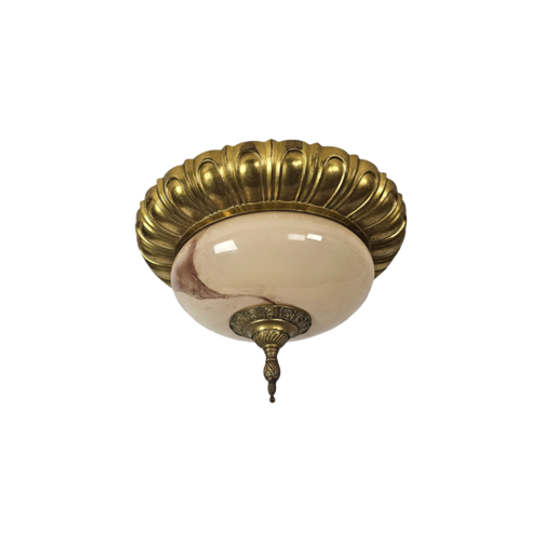 Vintage - Hanglamp - Plafonniere- Verguld - Art Deco - Gesatineerd Glas - 1970's 1