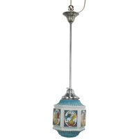 Vintage Voornamelijk Blauwe Art Deco Design Hanglamp Met Mooi Geschilderd Glas