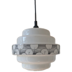 Vintage Art Deco Pendant Lamp – Opal Glass, Geometric Pattern thumbnail 1