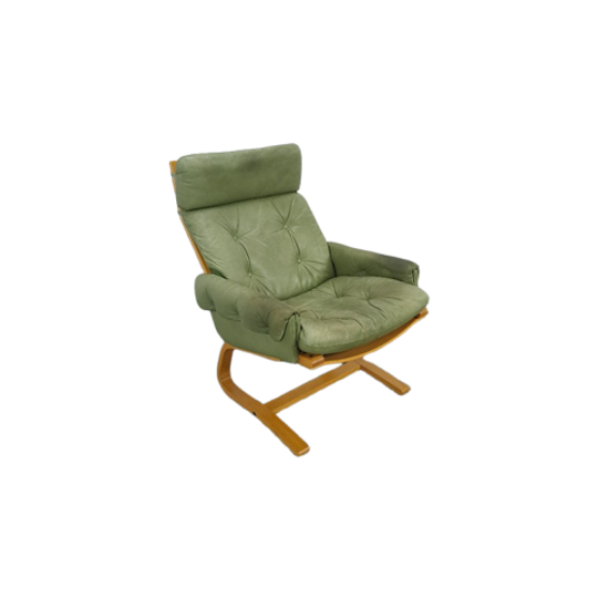 Groen Leren Fauteuil Met Houten Frame 1