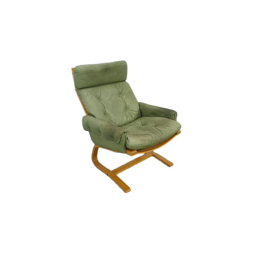 Groen Leren Fauteuil Met Houten Frame