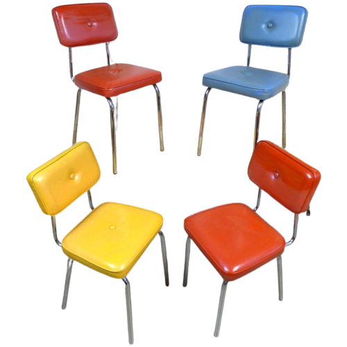 Prachtige Set Van 4 Kleurrijke Vintage Retro Stoelen