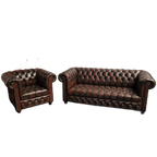 Chesterfield 3-zits + Fauteuil – Knopenzit – Antiek Bruin thumbnail 1