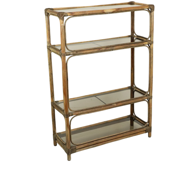 Vintage Boho Rek Boekenkast Bamboe En Rookglas 140cm 1