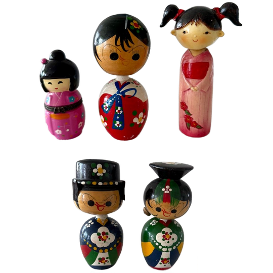 5 X Leuke Houten Japanse Stijl Beeldjes Met Bewegende Hoofd 1